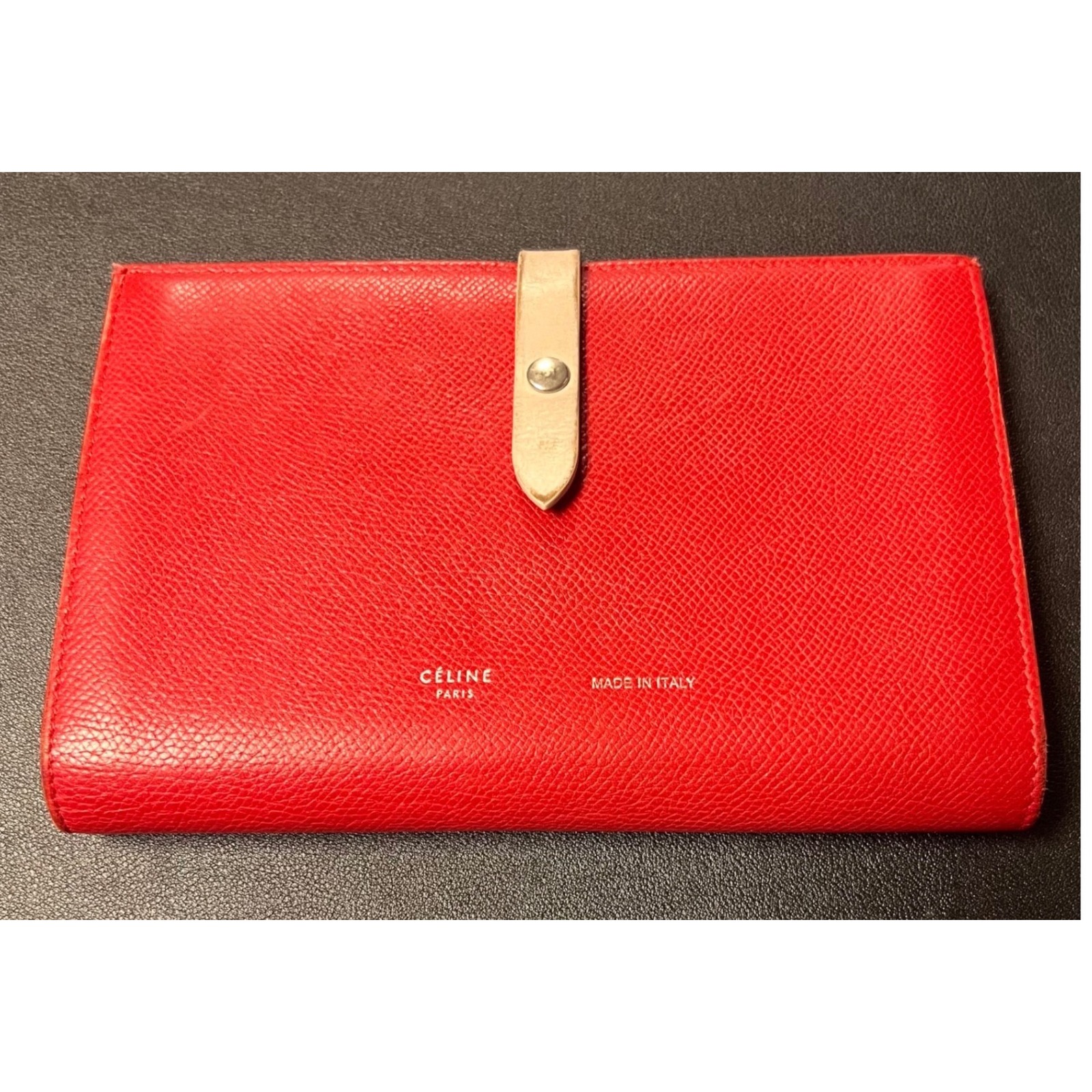 Celine Large Strap Wallet Red Grained Calfskin Leather Bifold Made In Italy